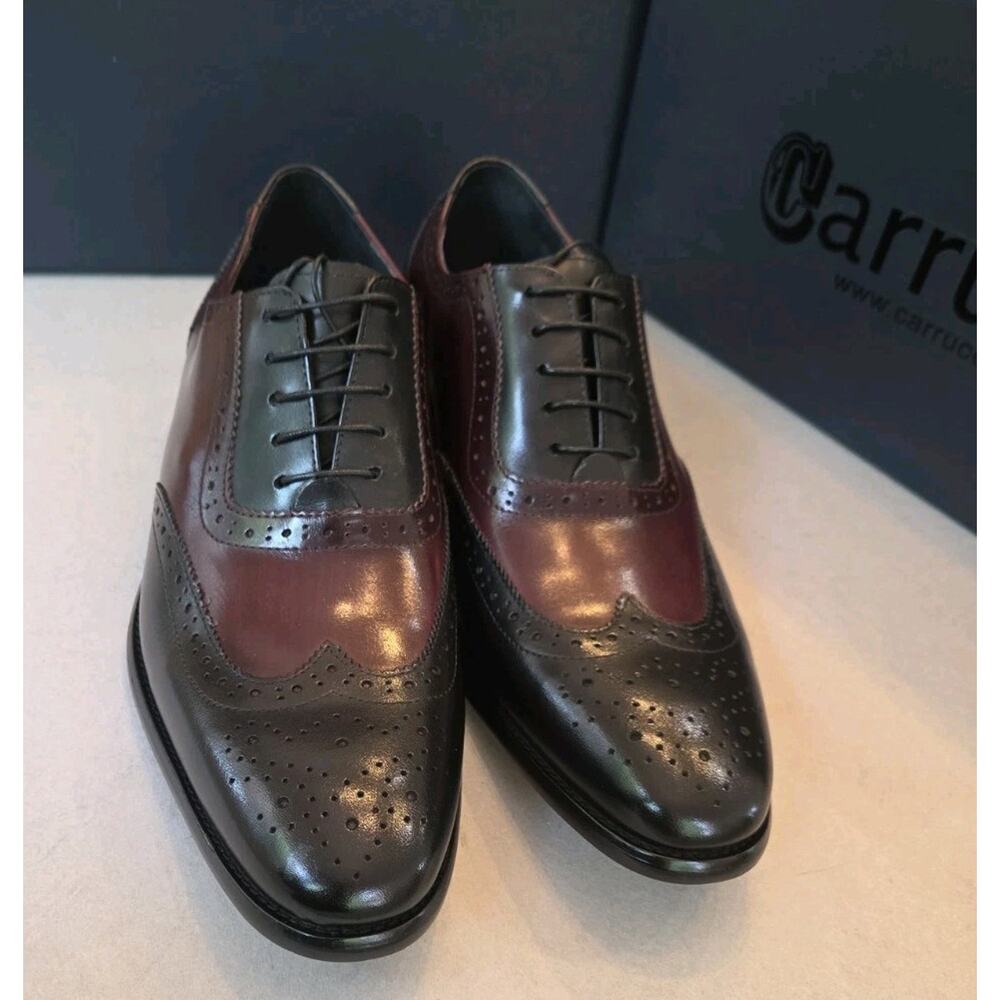 Carrucci Wingtip Oxford Full Brogue Mens Dress Leather Shoes Black/Burgundy 10.5 - Picture 4 of 7